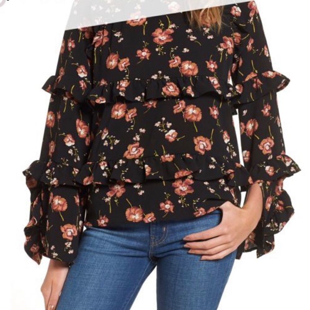 Bp. Nordstrom Black Floral Tiered Ruffle Long Bell Sleeve Blouse / Sz S
